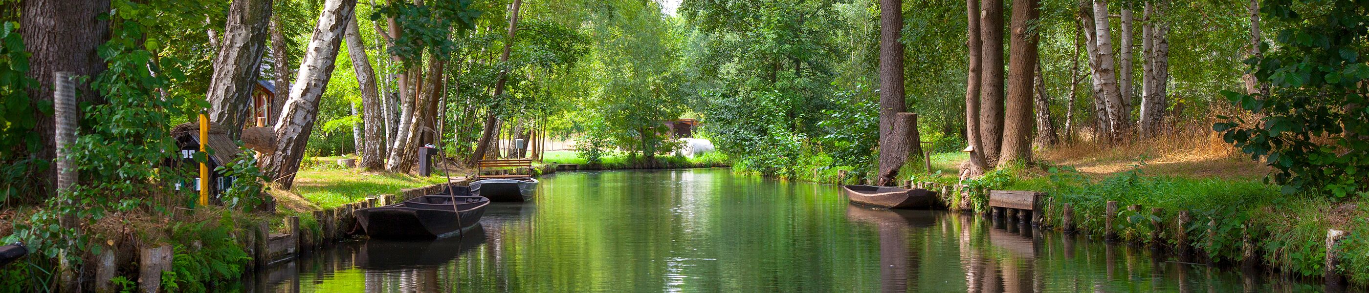 Ruhiger Spreewaldkanal mit kleinen Booten und dichtem Baumbestand